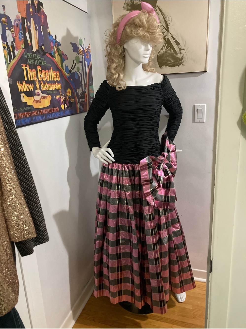 Archival Grade 1980s Vintage Rose Taft Couture Pink & Black Plaid Formal Dress